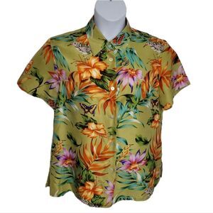 VINTAGE 90s silk button up top butterfly bird floral palm print short sleeve M‎